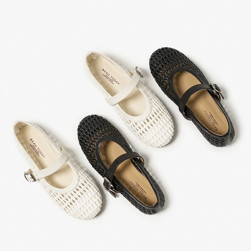 BeauToday Women's Leather Woven Hollow Mary Jane Flats with Buckle Design