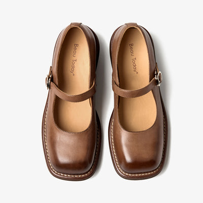 BeauToday Leather Square Toe Ballet Mary Jane Shoes for Women
