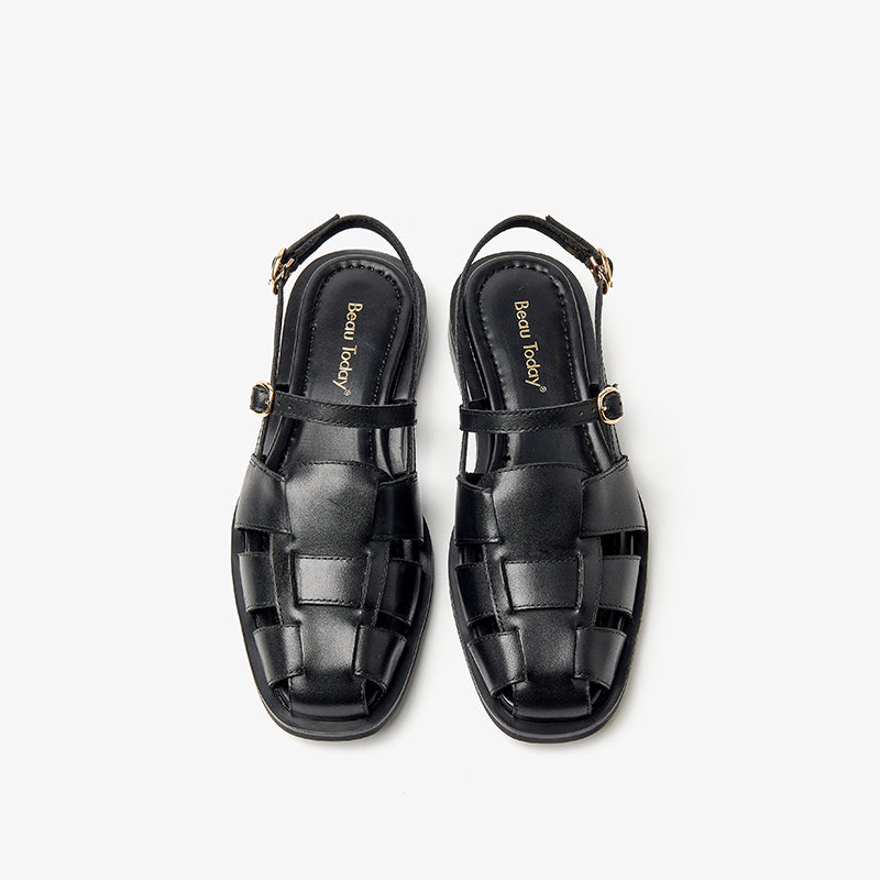 Beau Today Genuine Leather Flat Gladiator Sandals with Closed Toe for Women