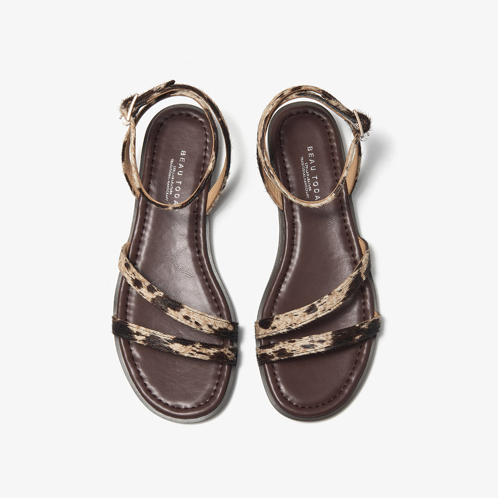 BeauToday Women's Animal Print Lace Up Flat Sandals