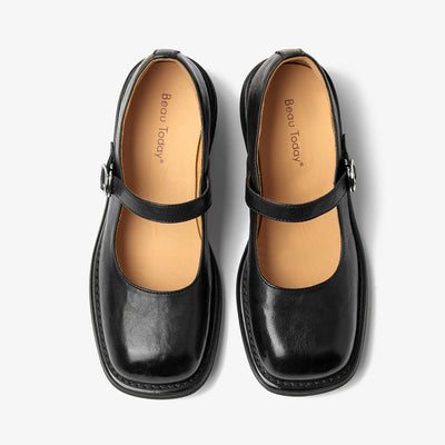 BeauToday Leather Square Toe Ballet Mary Jane Shoes for Women