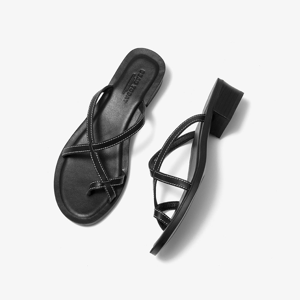 BeauToday Cow Leather Flip-flops Slides with Block Low Heel for Women