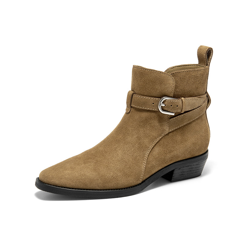 BeauToday Suede Chelsea Boots with Buckle Decor Pointed Toe Ankle Boots for Women