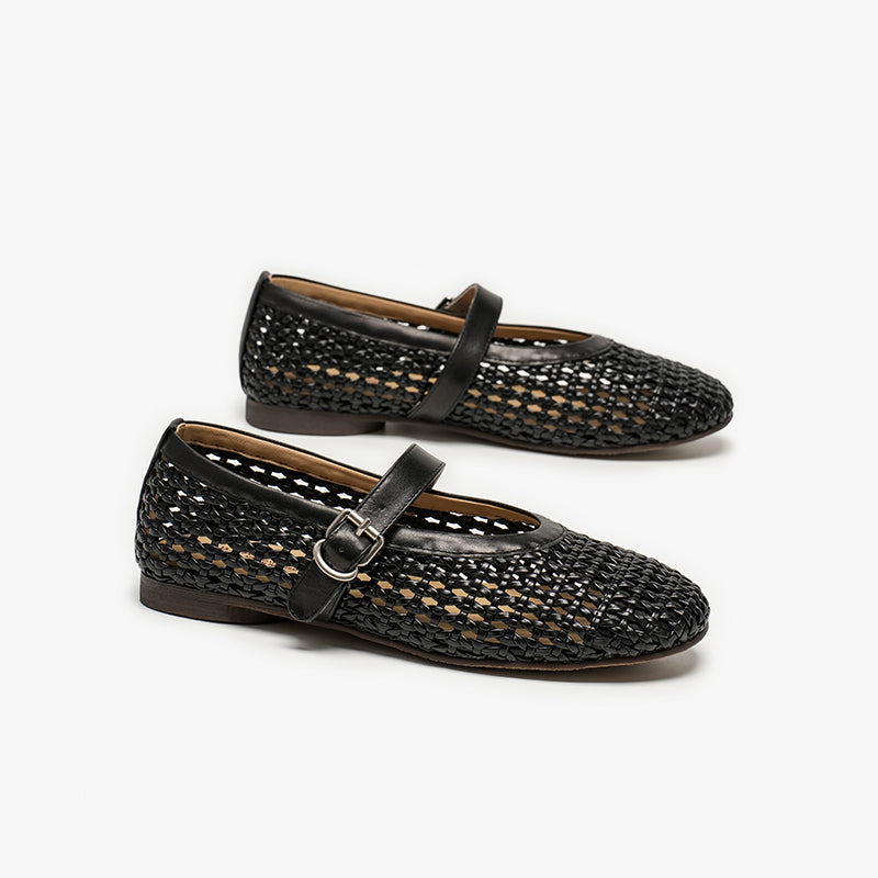 BeauToday Women's Leather Woven Hollow Mary Jane Flats with Buckle Design