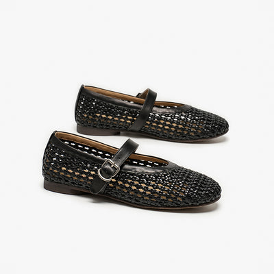 BeauToday Women's Leather Woven Hollow Mary Jane Flats with Buckle Design