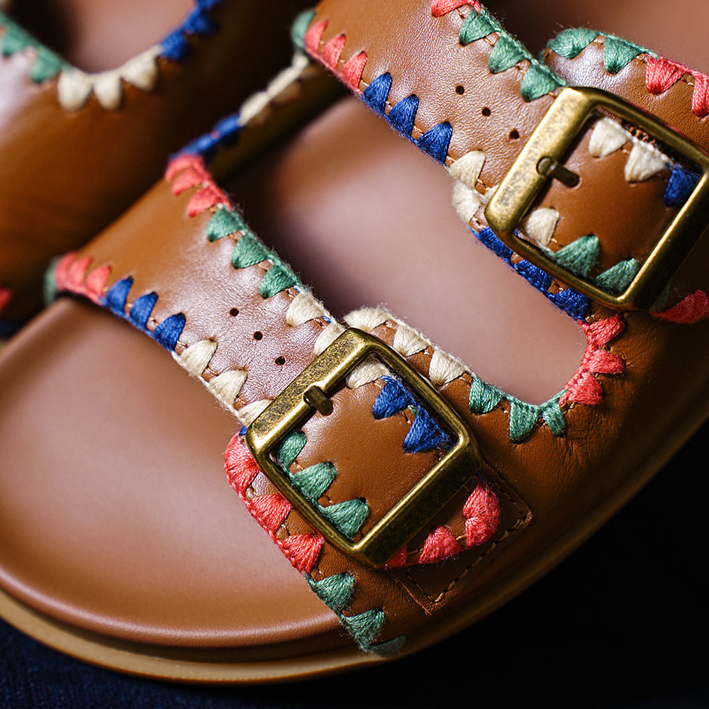 Beau Today Women's Leather Sandals with Handmade Embroidered Crochet sandals