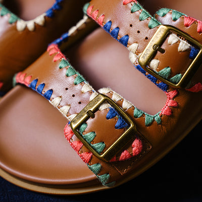 Beau Today Women's Leather Sandals with Handmade Embroidered Crochet sandals