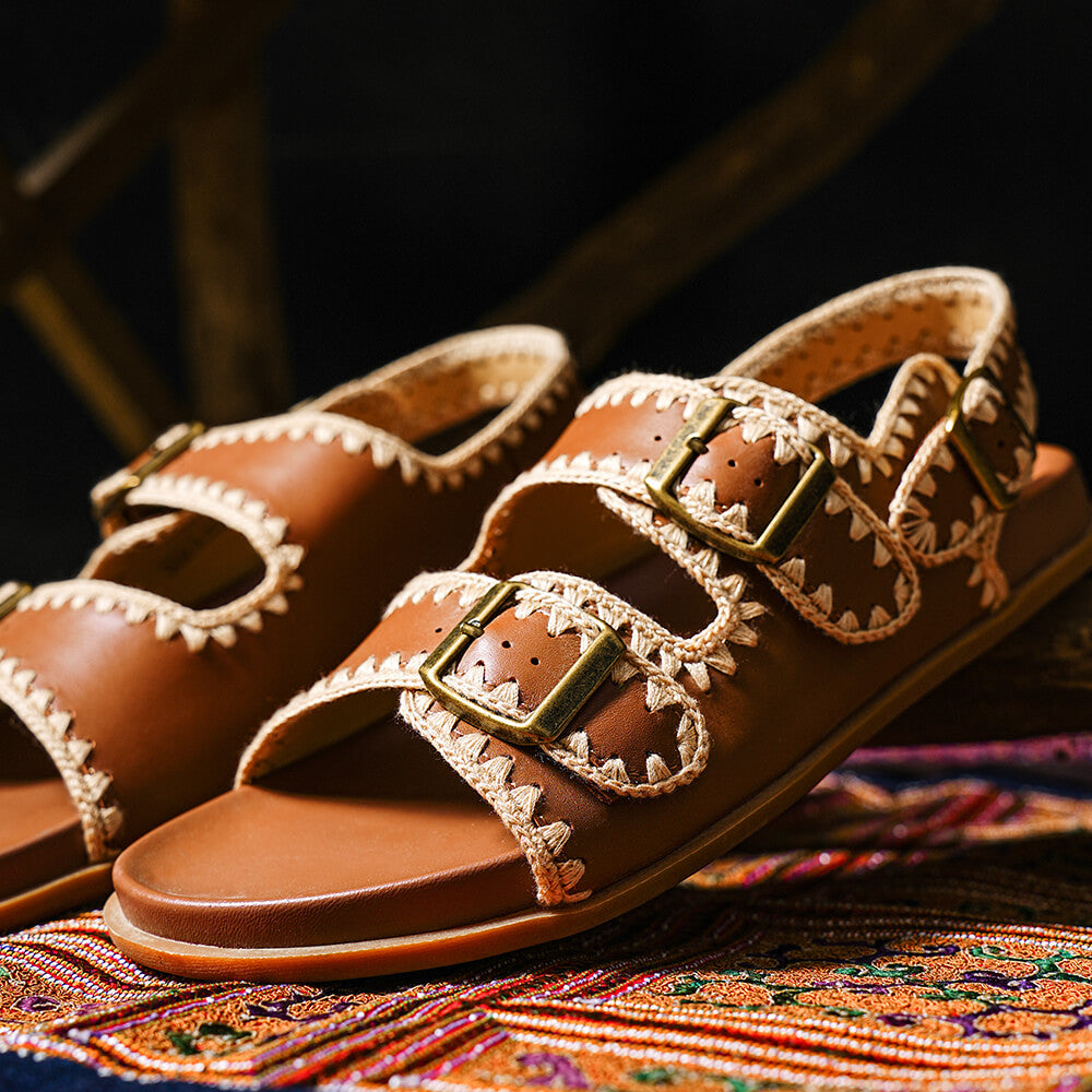 Beau Today Women's Handmade Leather Embroidered Crochet sandals