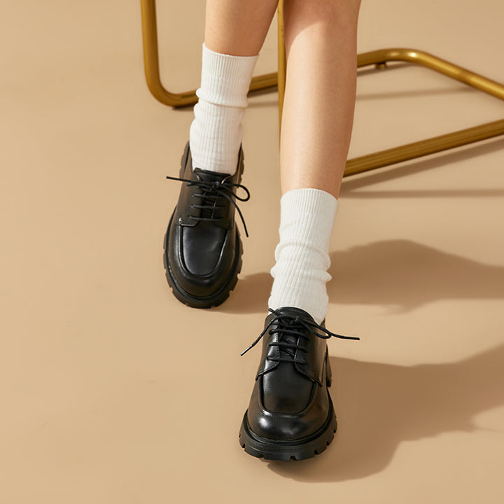 BEAU TODAY Platform Leather Loafers For Women, Chunky Lug