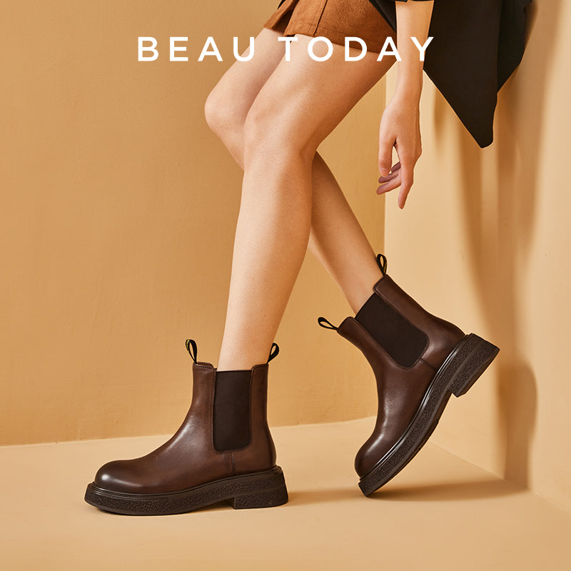 BeauToday Cow Leather Round Toe Chelsea Boots Ankle Bootie For Women