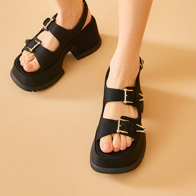 BeauToday 7.3 CM Non-slip Block Heeled Square Toe Sandals with Buckle Strap Decor for Women