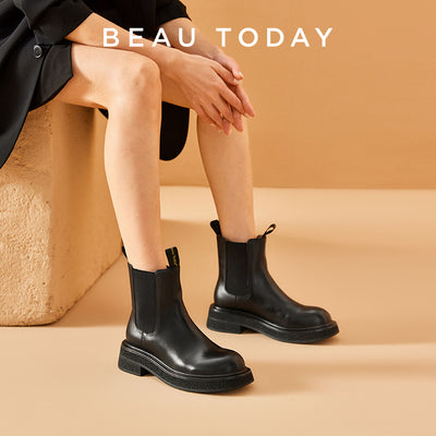 BeauToday Cow Leather Round Toe Chelsea Boots Ankle Bootie For Women