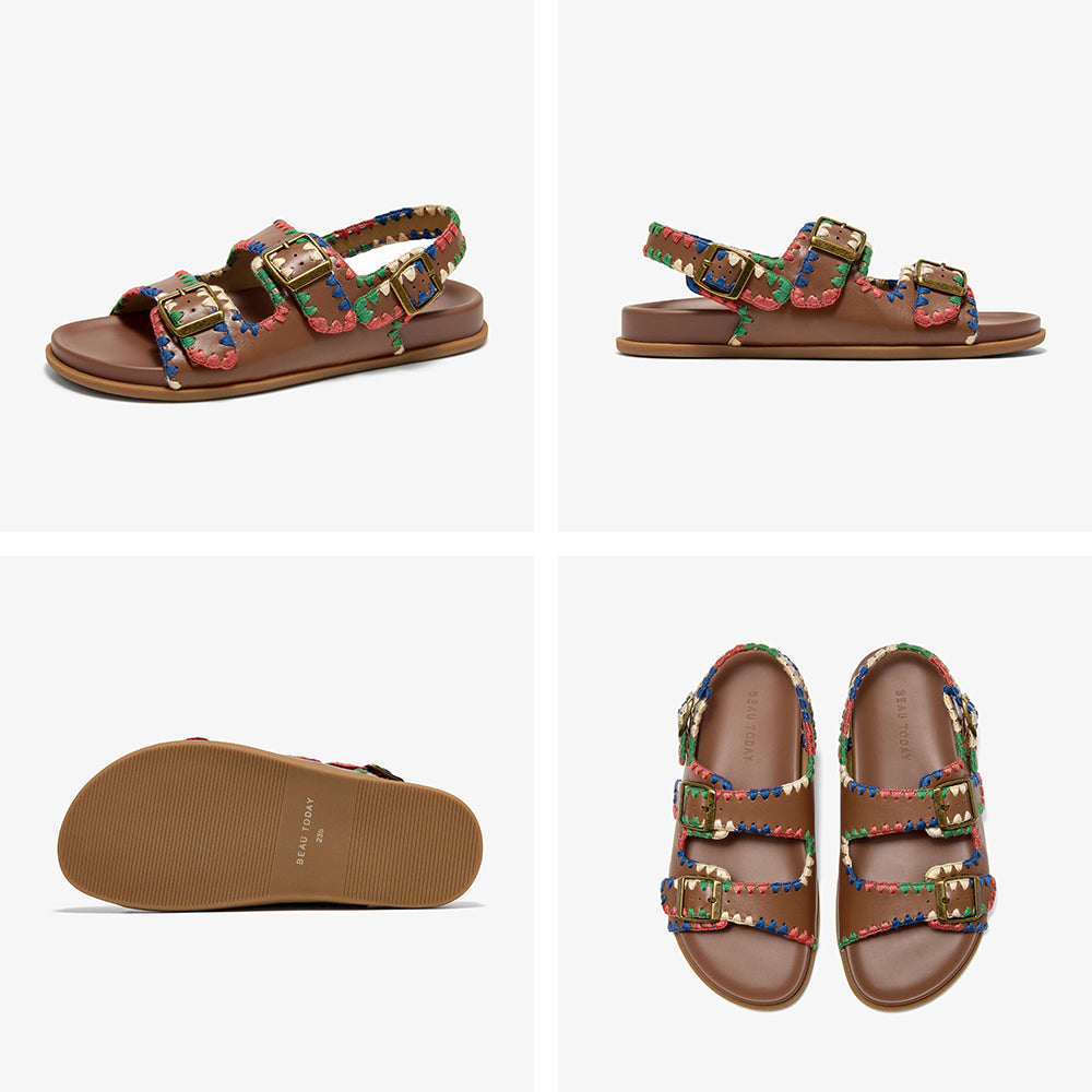 Beau Today Women's Leather Sandals with Handmade Embroidered Crochet sandals