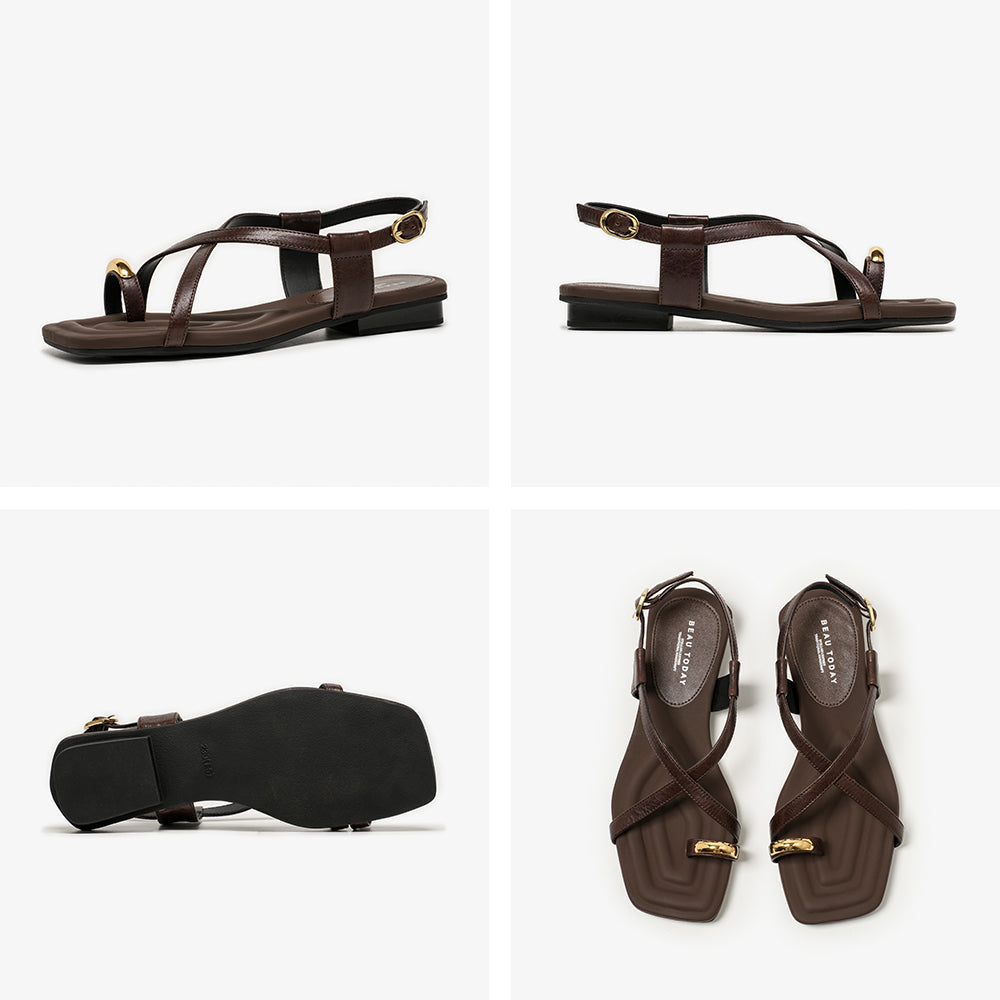 BeauToday Metallic Toe Strap Leather Sandals with Designed Square Toe for Women