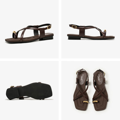 BeauToday Metallic Toe Strap Leather Sandals with Designed Square Toe for Women