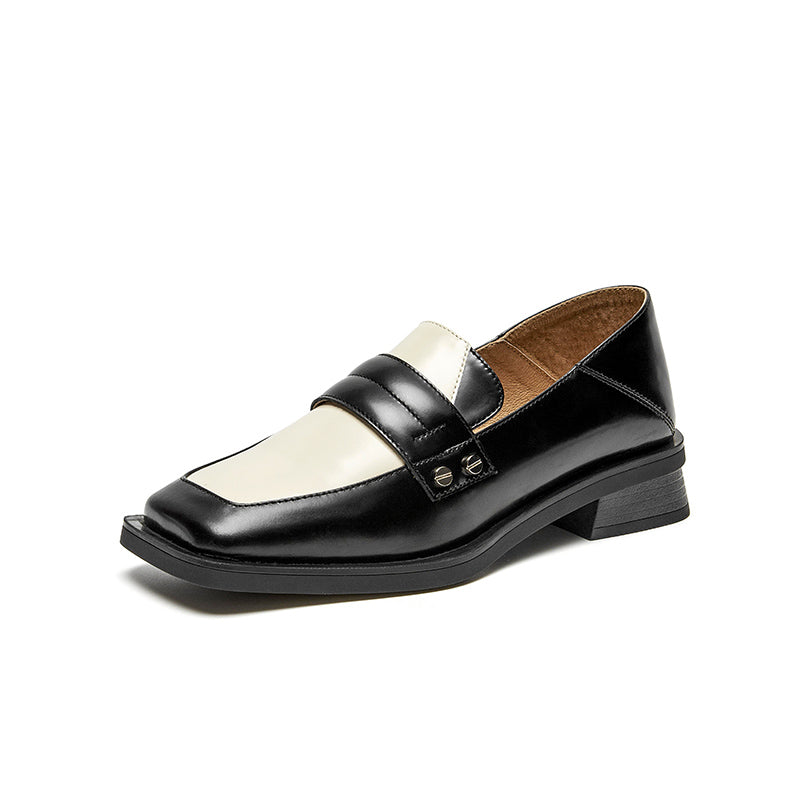 BeauToday Cow Leather Classic Patchwork Penny Loafers with Square Toe