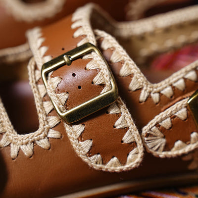 Beau Today Women's Handmade Leather Embroidered Crochet sandals