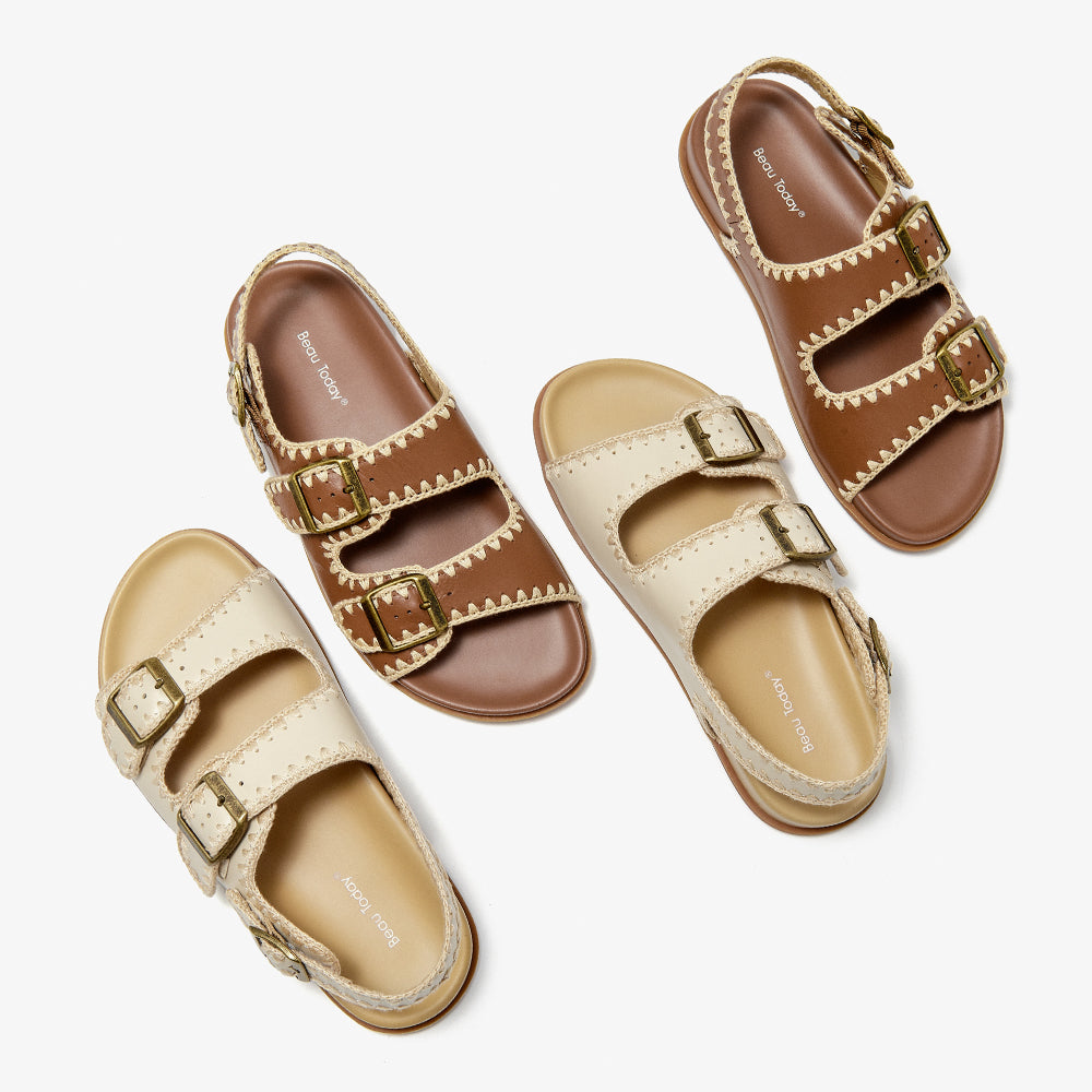 Beau Today Women's Handmade Leather Embroidered Crochet sandals