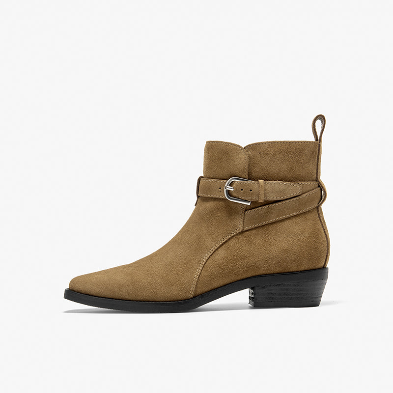 BeauToday Suede Chelsea Boots with Buckle Decor Pointed Toe Ankle Boots for Women