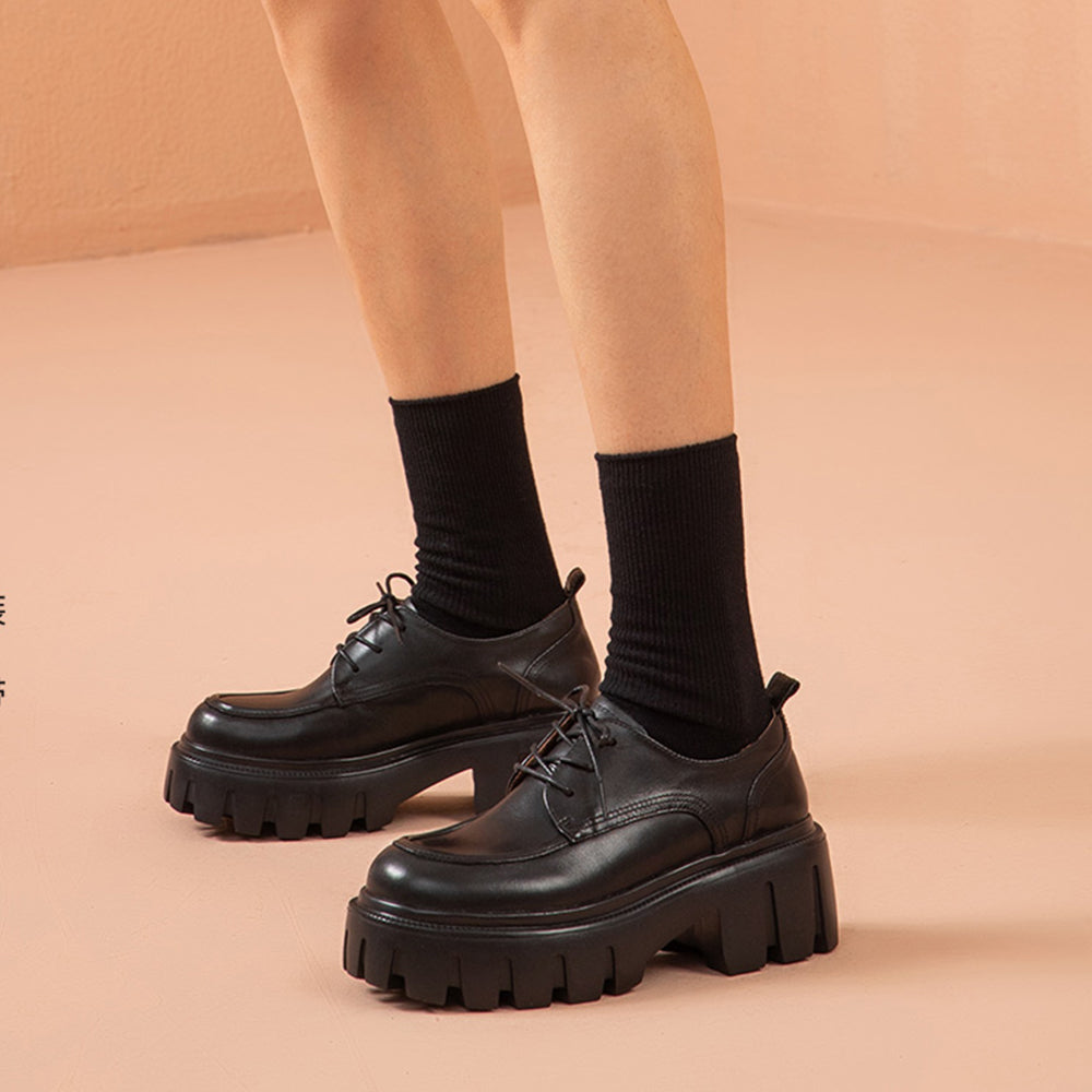 BeauToday Cow Leather Platform Oxford Lace Up Shoes for Women
