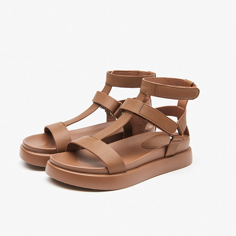 BeauToday Leather T-bar Platform Gladiator Sandals with Open Toe