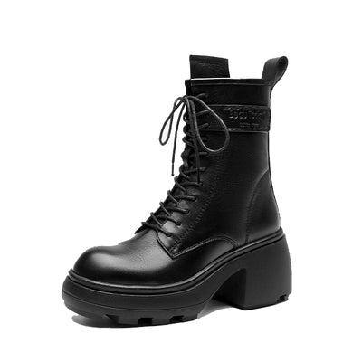 BeauToday Cow Leather Block Heeled Side Zipper Ankle Lace Up Combat Boot with Round Toe for Women