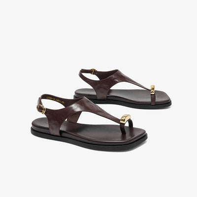 BeauToday Women's Genuine Leather Flat Sandals with Clip Metallic Toe Ring