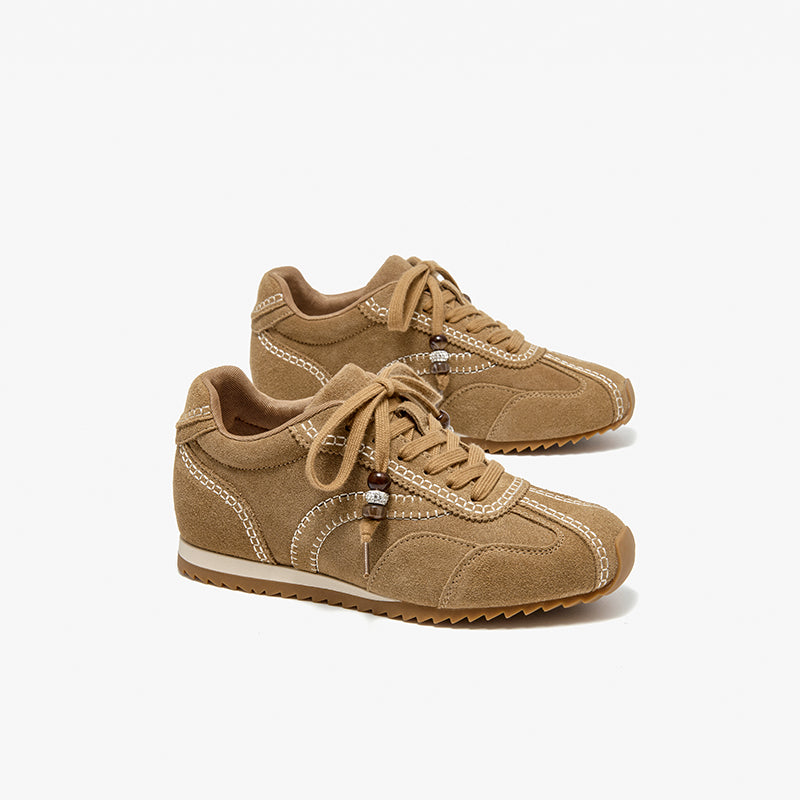 BeauToday Cow Suede Neutral Sneakers with Round Toe for Women