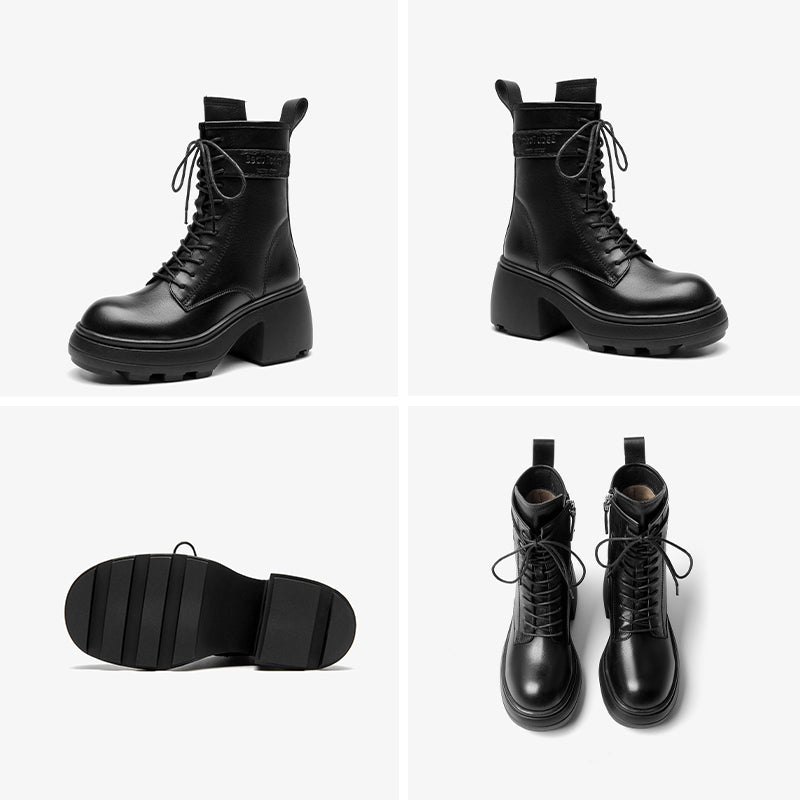 BeauToday Cow Leather Block Heeled Side Zipper Ankle Lace Up Combat Boot with Round Toe for Women