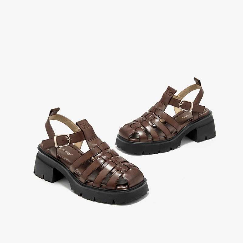 BeauToday Calfskin Leather Chunky Fisherman Sandals with  Block Heeled for Women