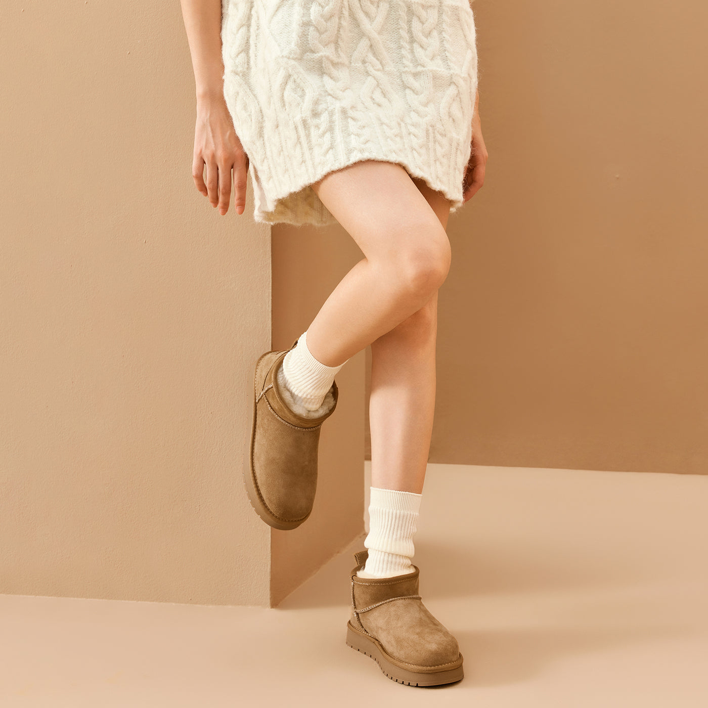 BeauToday Women's Wool Fur Lined  Mini Platform Ankle Boots