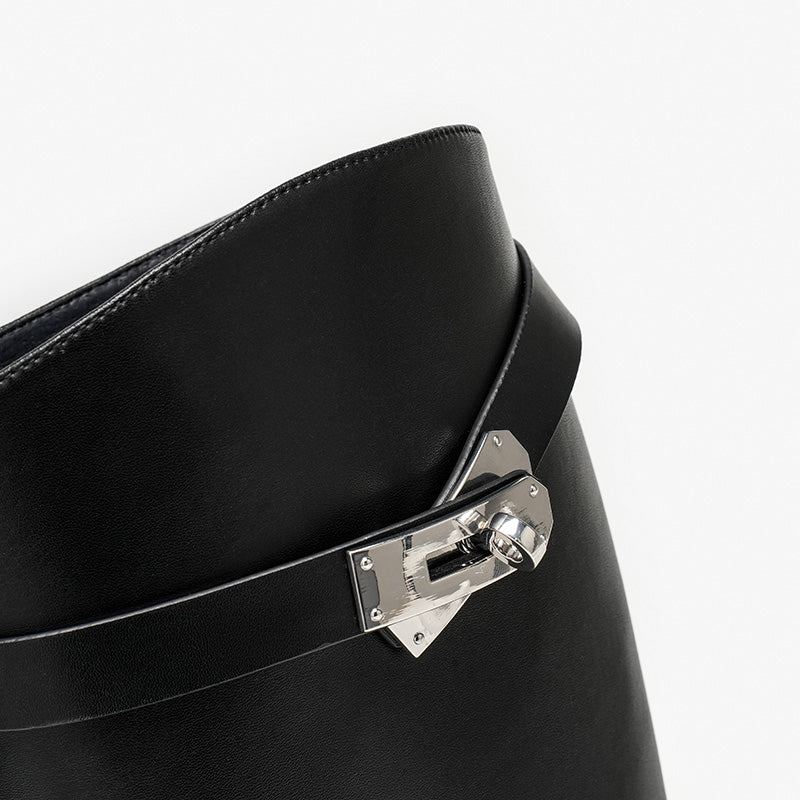 BeauToday Women's Cow Leather Knee High Boots with Side Buckle Design