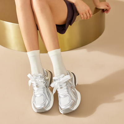 BeauToday  Fashion Casual Chunky Sneakers with Pearl Chain Design for Women