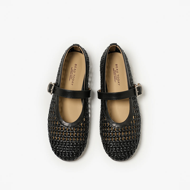 BeauToday Women's Leather Woven Hollow Mary Jane Flats with Buckle Design