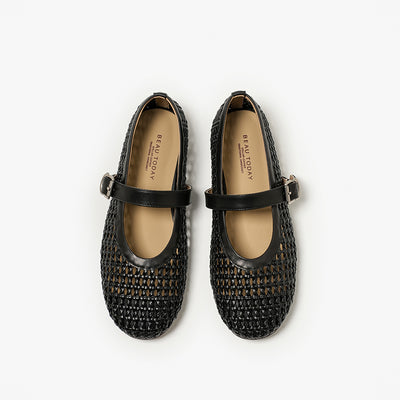BeauToday Women's Leather Woven Hollow Mary Jane Flats with Buckle Design