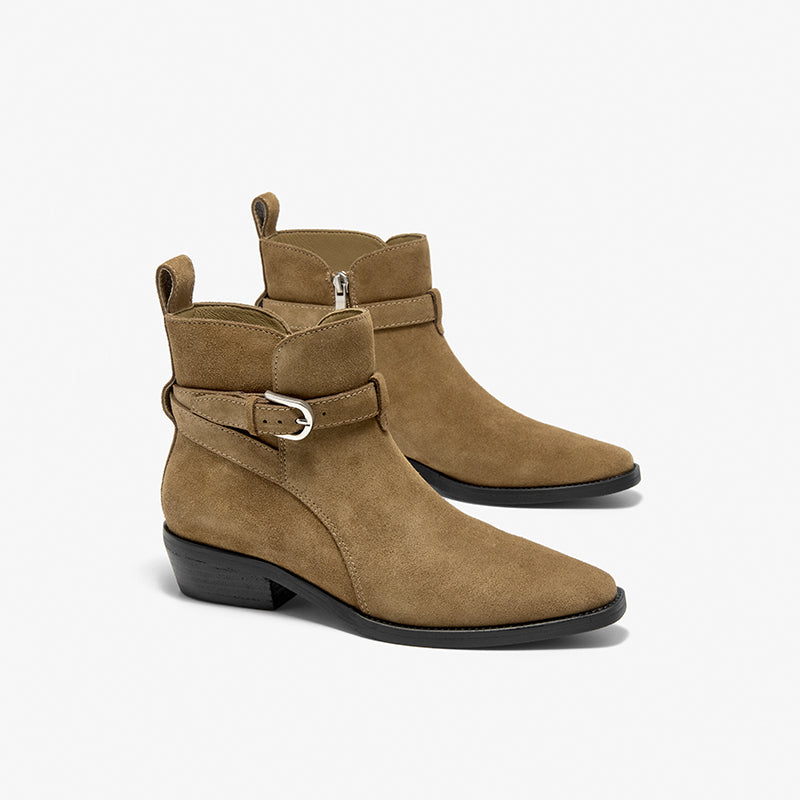 BeauToday Suede Chelsea Boots with Buckle Decor Pointed Toe Ankle Boots for Women