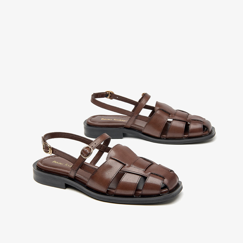 Beau Today Genuine Leather Flat Gladiator Sandals with Closed Toe for Women