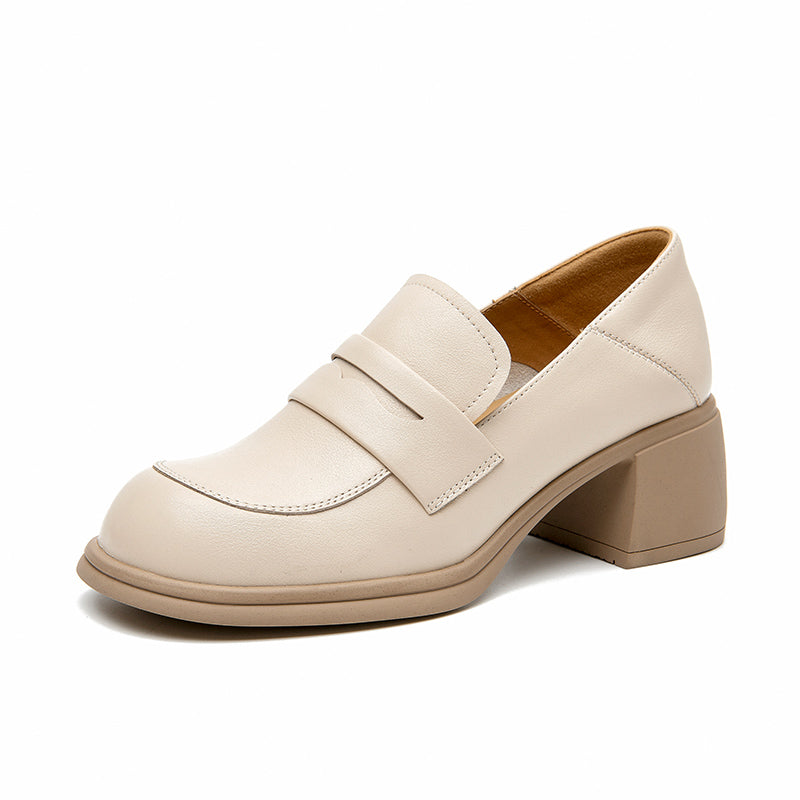BeauToday Classic Leather Block Heeled Penny Loafers for Women