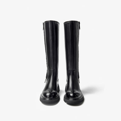 BeauToday Women's Leather Knee-High Boots Side Zip Lug Sole Platform Long Boots