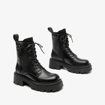 BeauToday Cow Leather Chunky Lug Sole Lace Up Combat Boot with Side Zipper Round Toe Ankle Booties