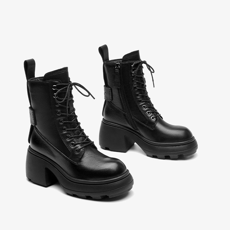 BeauToday Cow Leather Block Heeled Lug Sole Lace Up Combat Boots with Side Zipper for Women