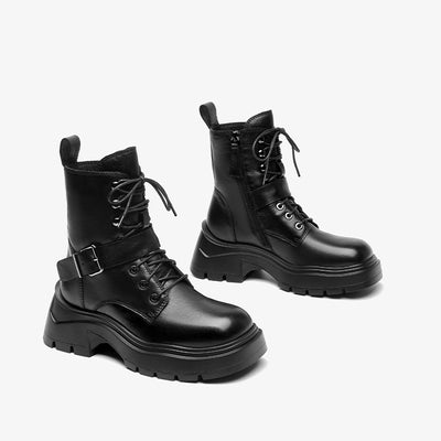 BeauToday Cow Leather Block Heeled Ankle Boots Lug Sole Lace Up Combat Boots with Square Toe for Women