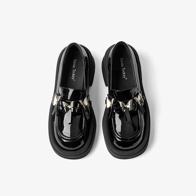 BeauToday Patent Leather Platform Loafers with Metal Butterfly-knot Decoration for Women