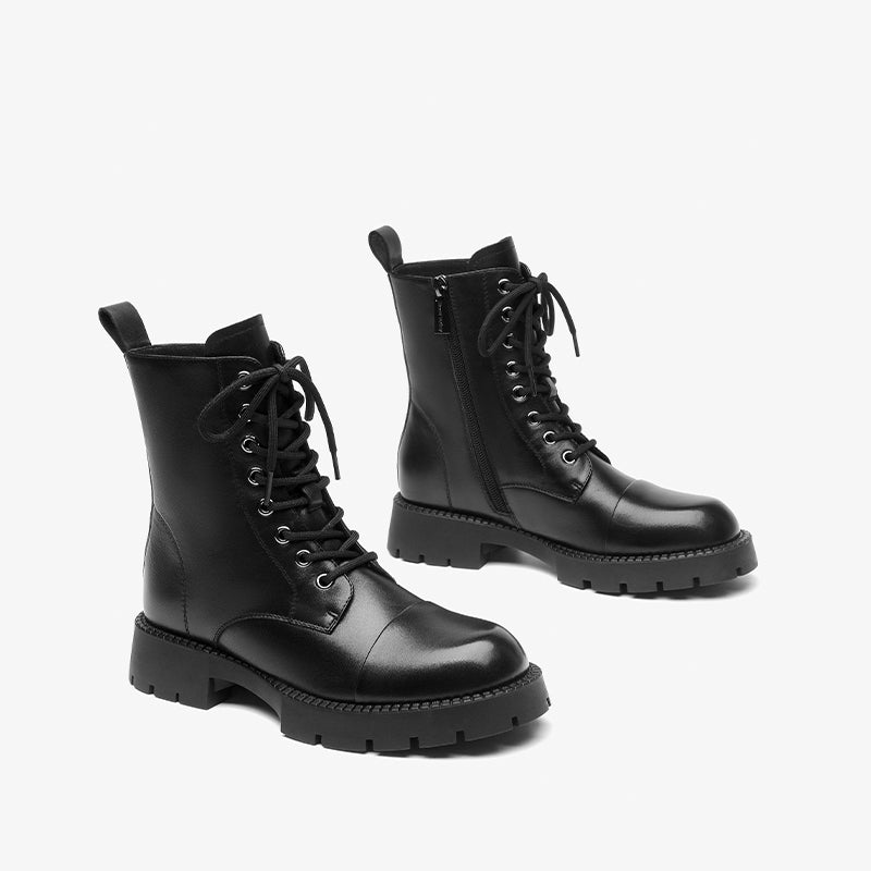 BeauToday Cow Leather Lug Sole Lace Up Combat Boots with Side
