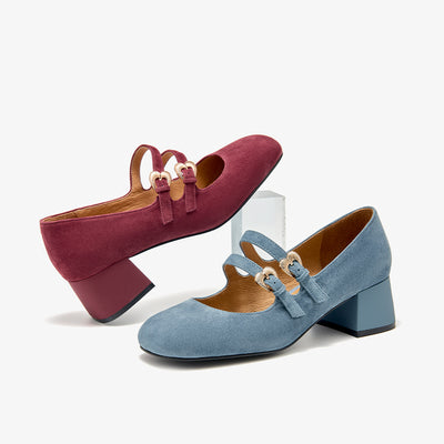 BeauToday Suede Block Heels Mary Jane Pumps with Double Strappys for Women