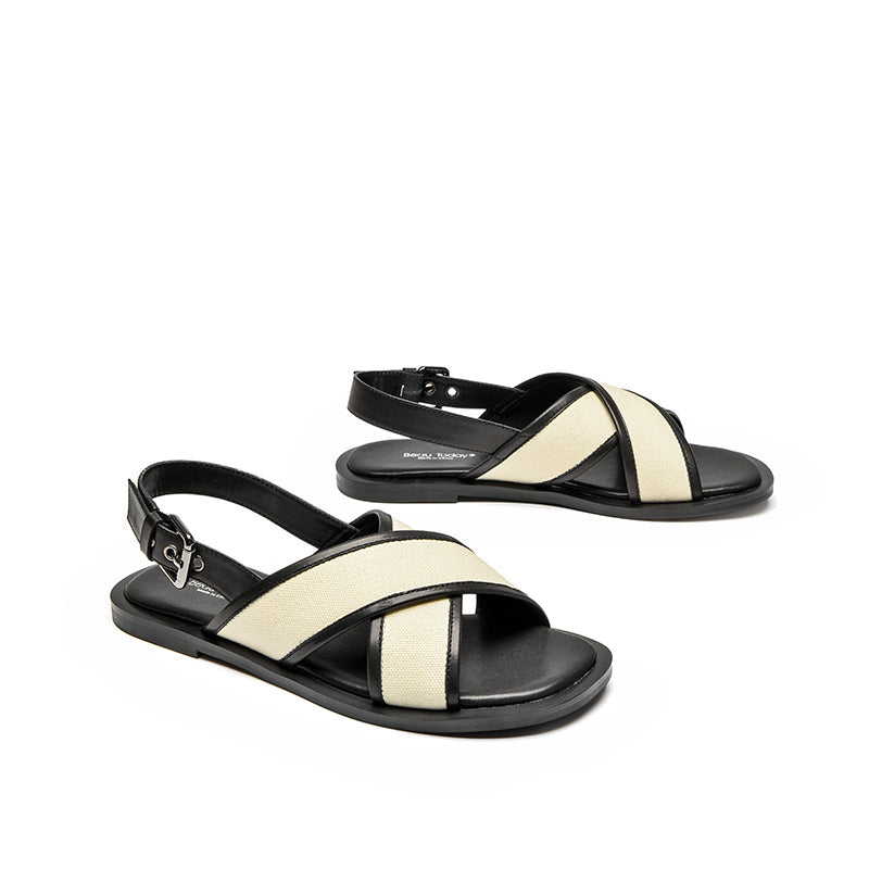 BeauToday Leisure Calfskin Cross Strap Slingback Sandals with Buckle Decor for Women