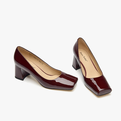 BeauToday Patent Leather Square Toe Block Heeled Pumps for Women