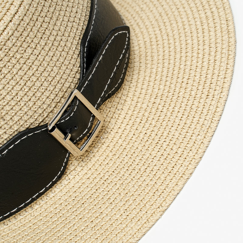 Beau Today Women's Wide Brim Straw Hats with Black Panama Metal Decor for Summer Beach