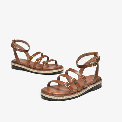 BeauToday Casual Leather Three Strap Sandals with Buckle Decor for Women