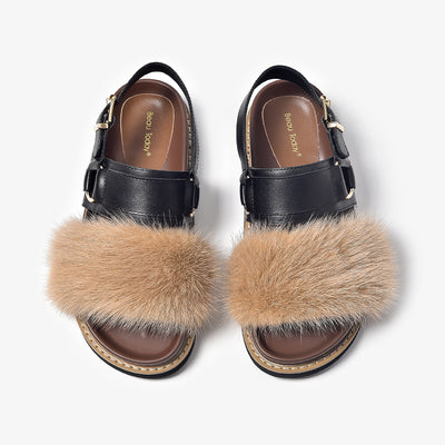 BeauToday Platform Buckle Strap Sandals with Mink Fur for Women